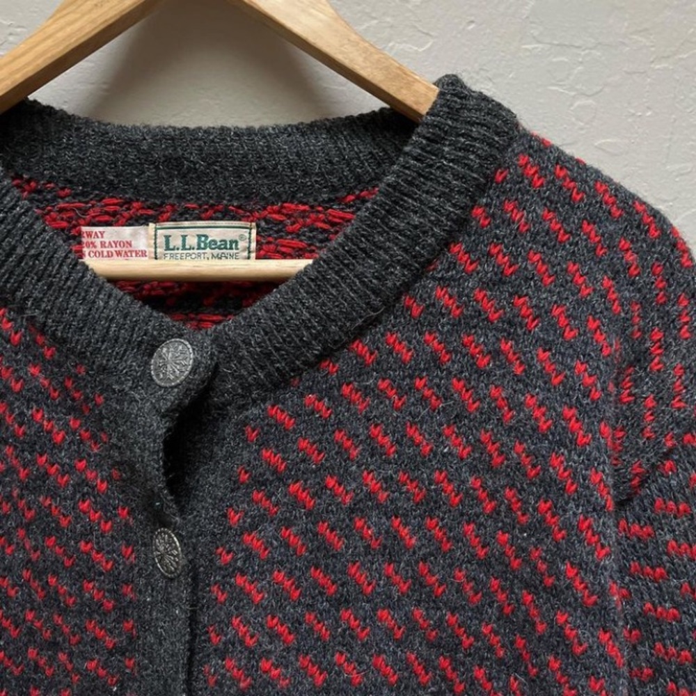 Scandinavian Vintage 1980s LL Bean Red Gray Birdseye Wool Fisherman Sweater